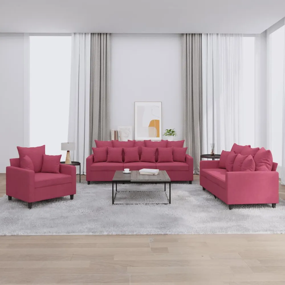 3 pcs conjunto de sofás com almofadões veludo vermelho tinto para Organização