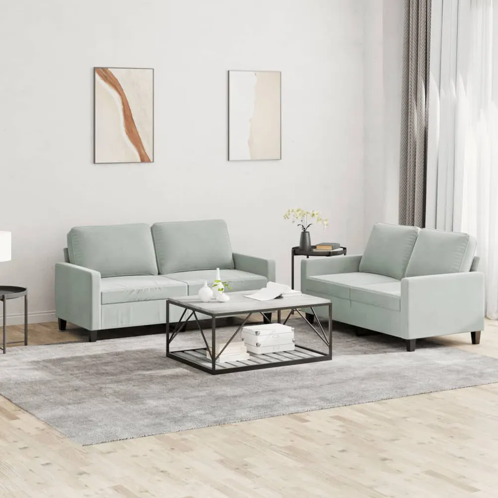 2 pcs conjunto de sofás com almofadões veludo cinzento-claro com Dimensões Ajustáveis