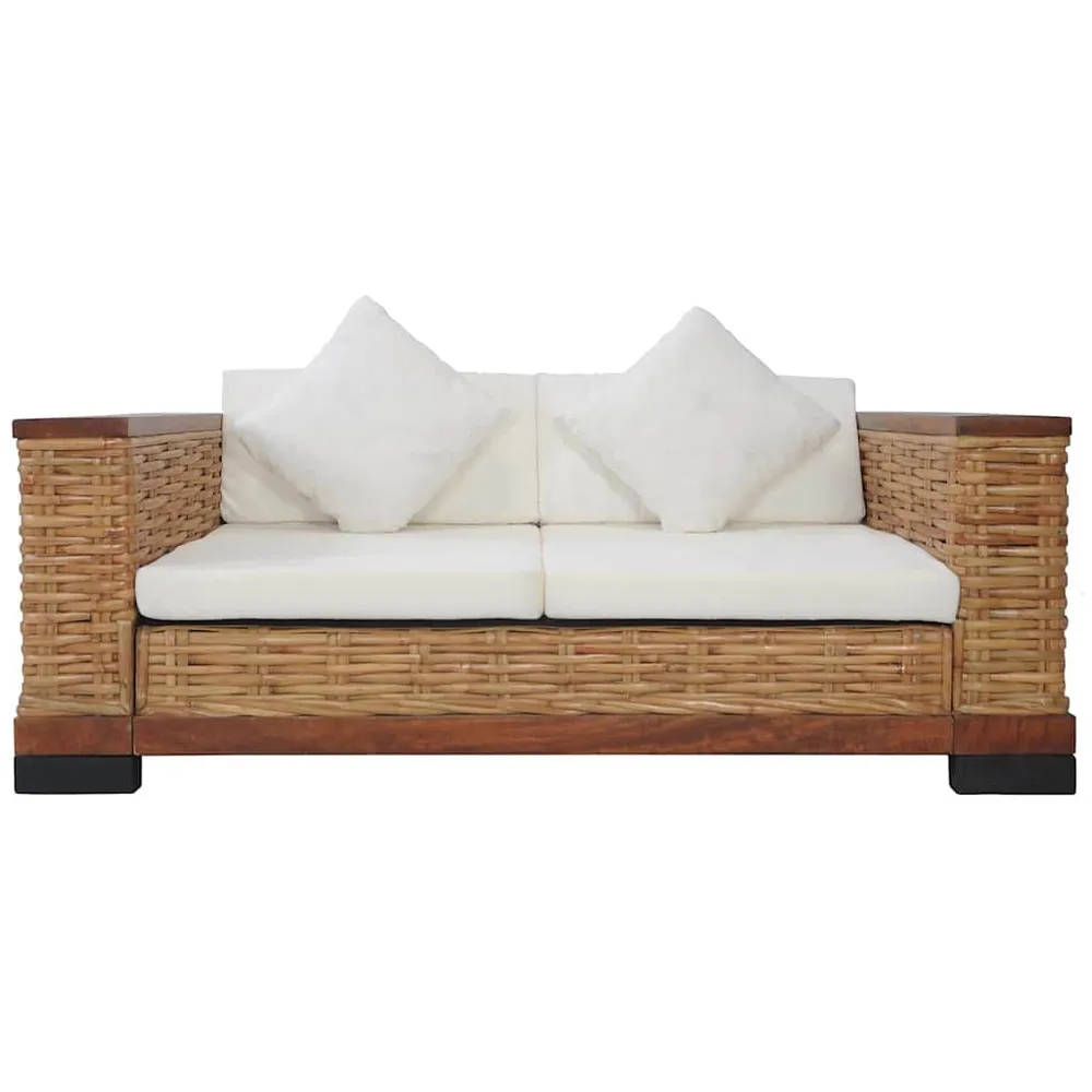 3 pcs conjunto de sofás com almofadões vime autêntico castanho