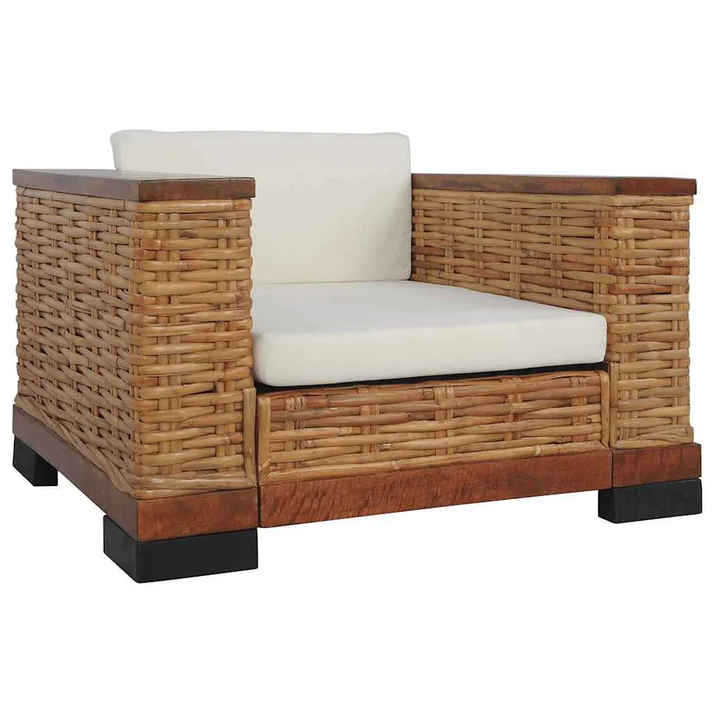 3 pcs conjunto de sofás com almofadões vime autêntico castanho