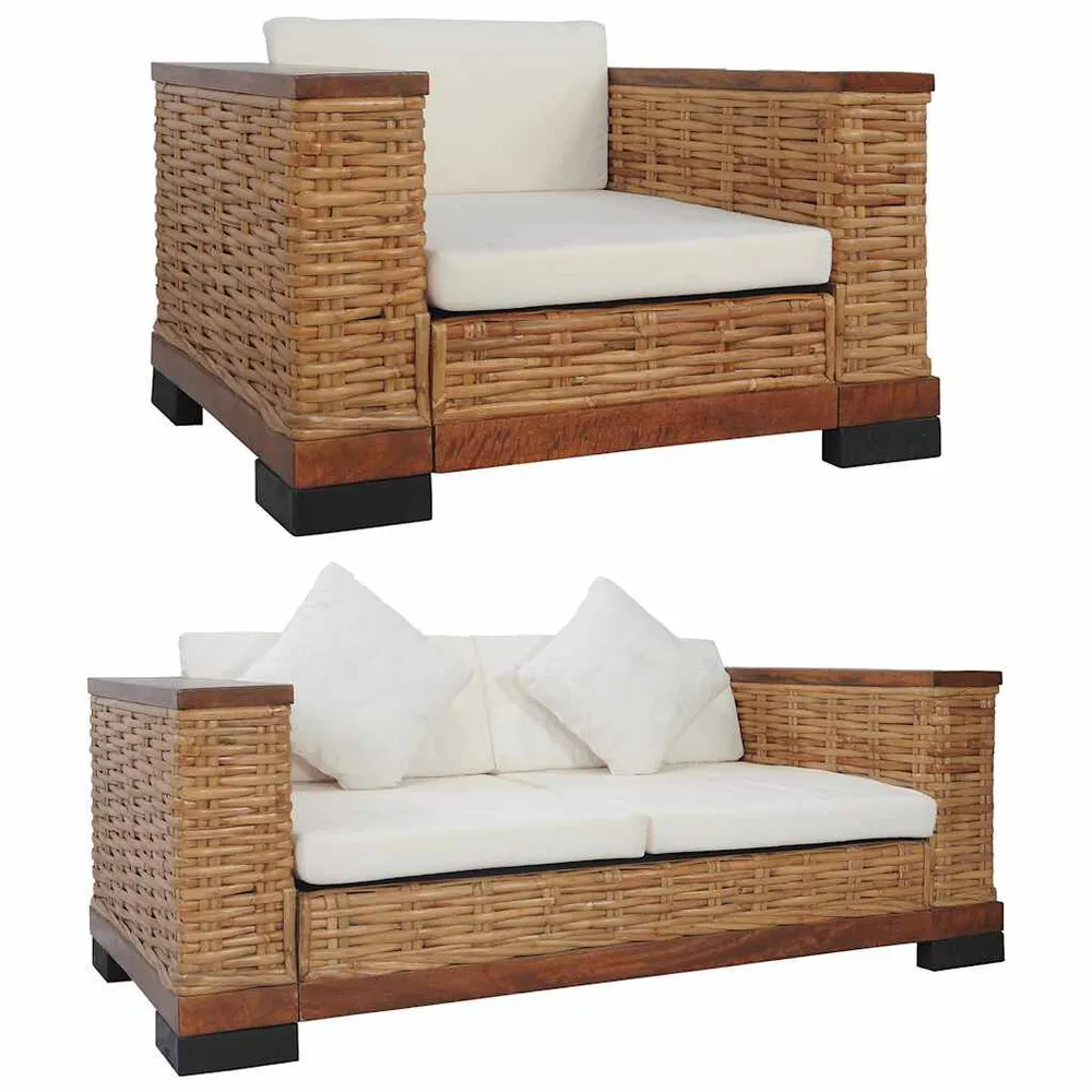 3 pcs conjunto de sofás com almofadões vime autêntico castanho