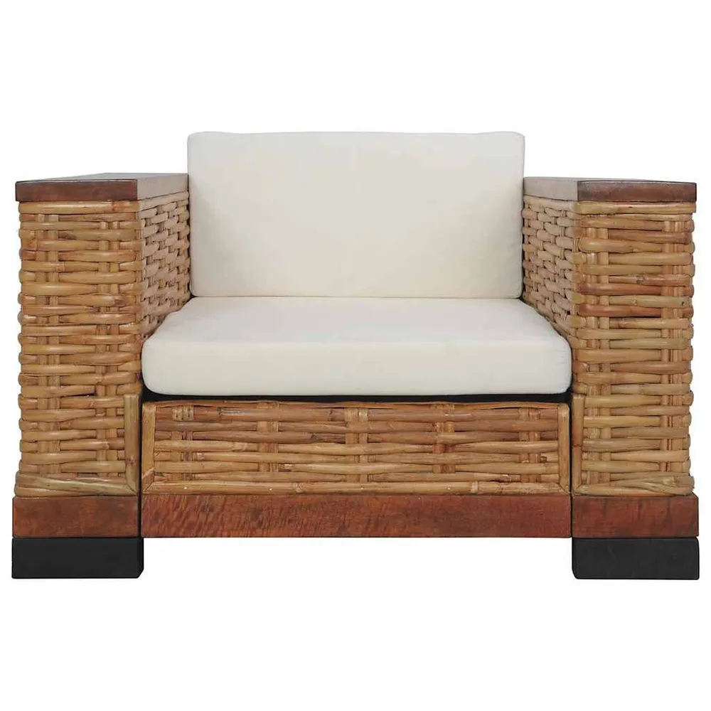 3 pcs conjunto de sofás com almofadões vime autêntico castanho