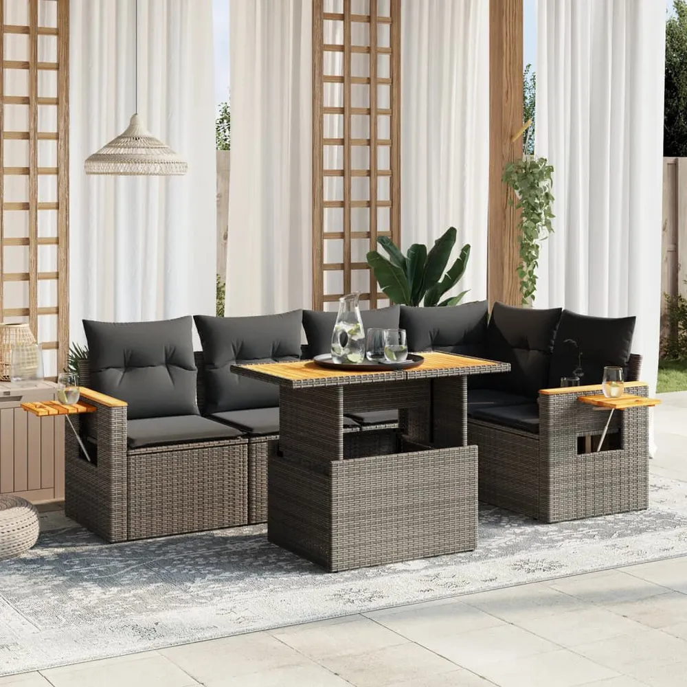 6 pcs conjunto sofás de jardim com almofadões vime cinzento em Madeira Compensada