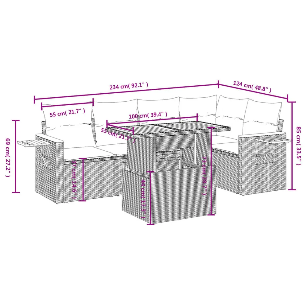 6 pcs conjunto sofás de jardim com almofadões vime cinzento em Madeira Compensada