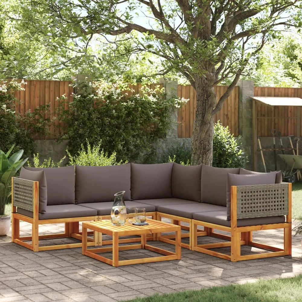 6 pcs conjunto de sofás de jardim com almofadões acácia maciç com Luz LED Integrada