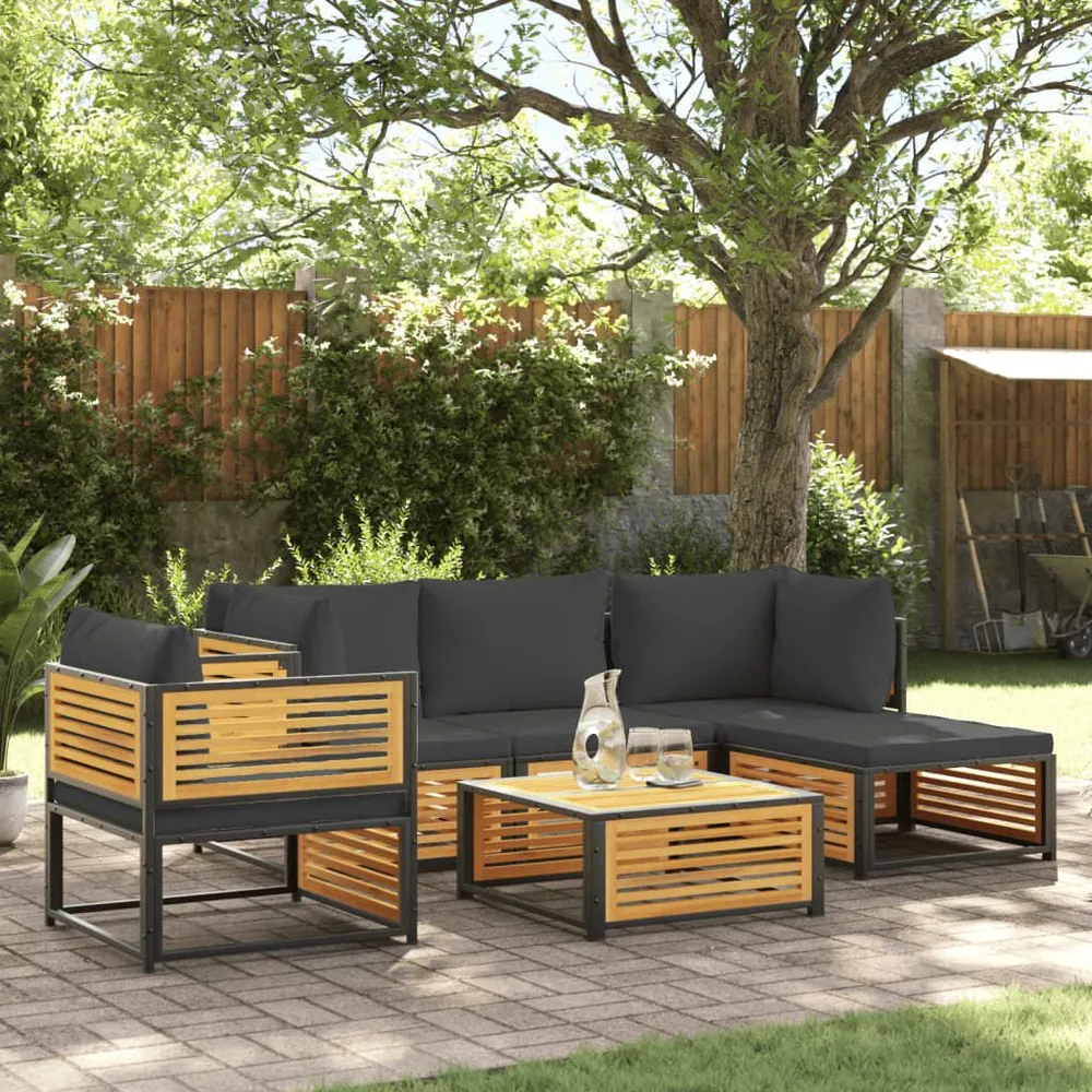 6 pcs conjunto de sofás de jardim com almofadões acácia maciç com Luz LED Integrada