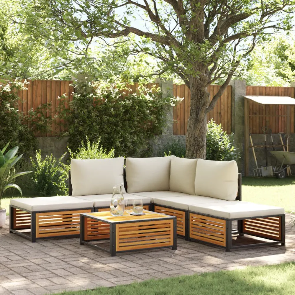 6 pcs conjunto de sofás de jardim com almofadões acácia maciç para Interior de Autocaravana