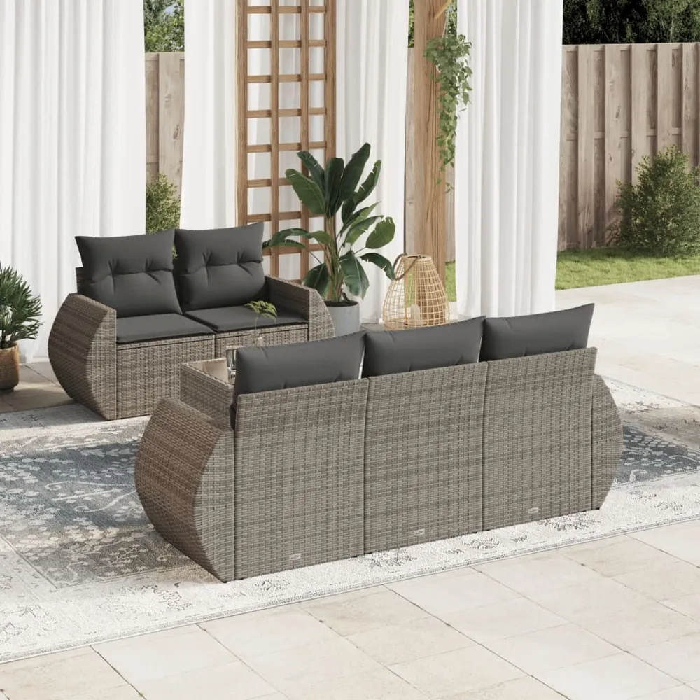 6 pcs conjunto sofás de jardim com almofadões vime cinzento em Madeira Compensada
