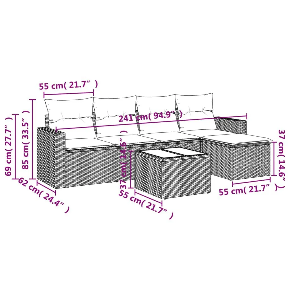 6 pcs conjunto sofás de jardim com almofadões vime cinzento - Compatibilidade Garantida