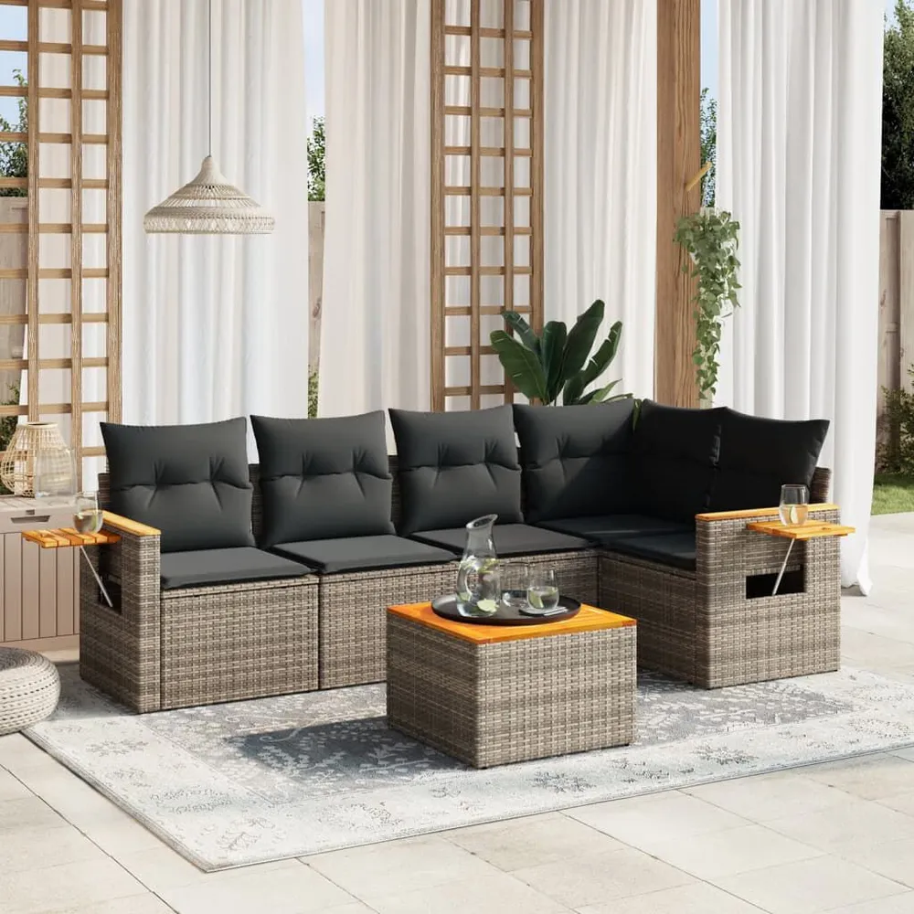 6 pcs conjunto sofás de jardim com almofadões vime cinzento com Fita Autocolante
