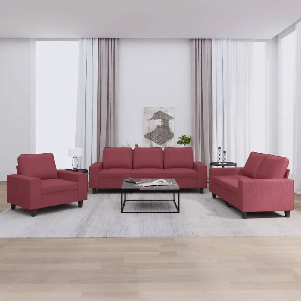 3 pcs conjunto de sofás tecido vermelho-tinto | Fácil Limpeza |