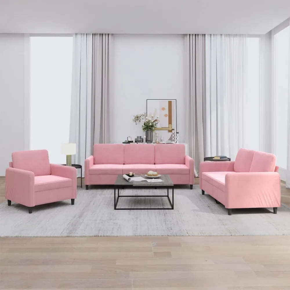 3 pcs conjunto de sofás veludo rosa | Fácil Limpeza |