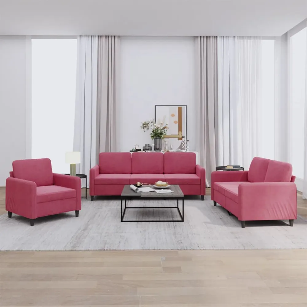 3 pcs conjunto de sofás veludo vermelho-tinto - Compatibilidade Garantida
