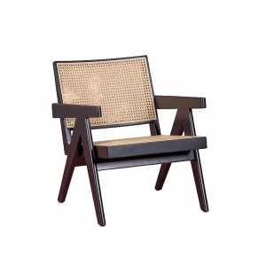 Poltrona clássica com braços em madeira de teca e rattan autêntico - Compass - Preto em Cinza Carvão