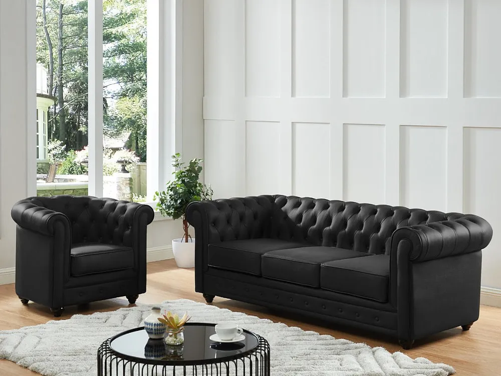 Poltrona em pele de búfalo preto icónico CHESTERFIELD com Certificação de Seguranç