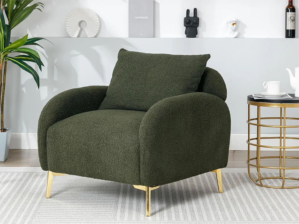 Poltrona de tecido Teddy com almofada - pernas de madeira maciç - verde para Interior de Autocaravana