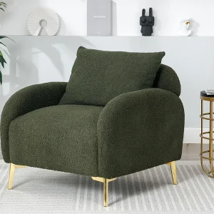 Poltrona de tecido Teddy com almofada - pernas de madeira maciç - verde para Interior de Autocaravana