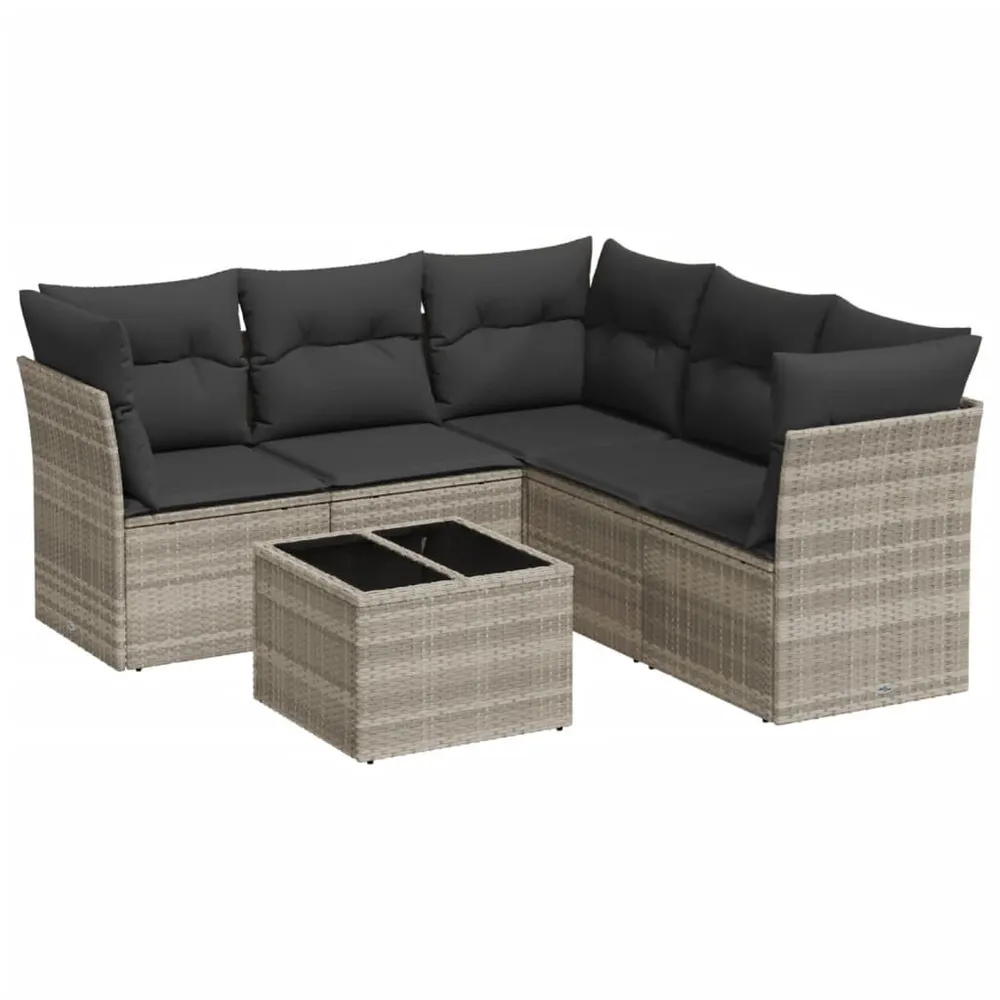 Prateleira Ajustável 6 pcs conj. sofás jardim com almofadões vime PE cinzento-claro