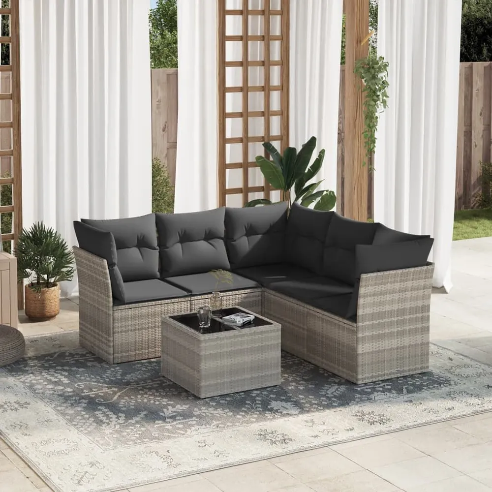 Prateleira Ajustável 6 pcs conj. sofás jardim com almofadões vime PE cinzento-claro
