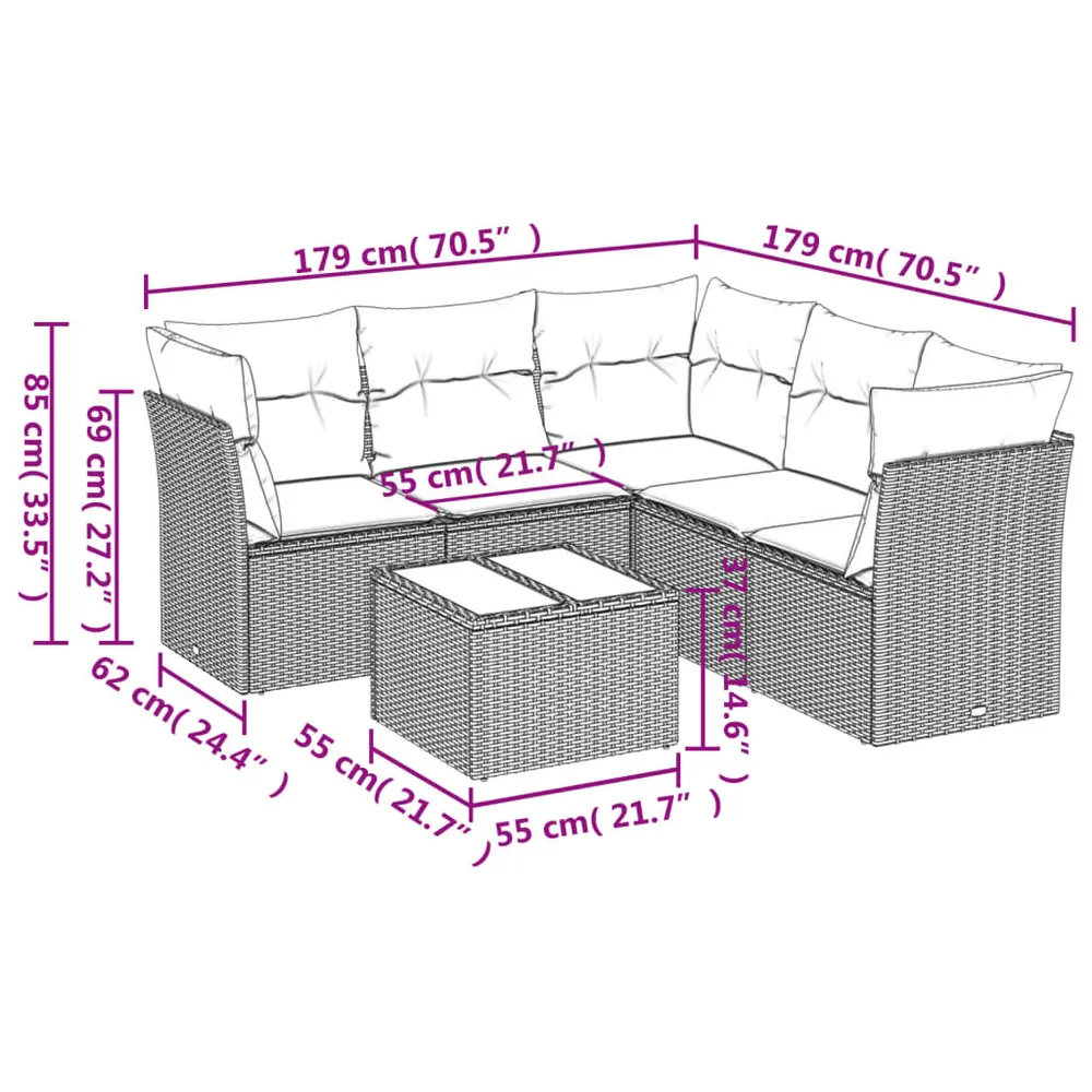 Prateleira Ajustável 6 pcs conj. sofás jardim com almofadões vime PE cinzento-claro