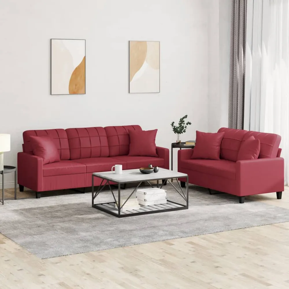 Prateleira Ajustável 2 pcs conjunto sofás com almofadas couro artif. vermelho tinto