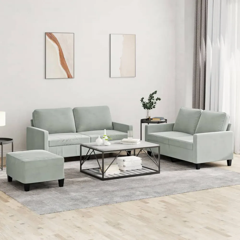 Prateleira Ajustável 3 pcs conjunto de sofás com almofadões veludo cinzento-claro