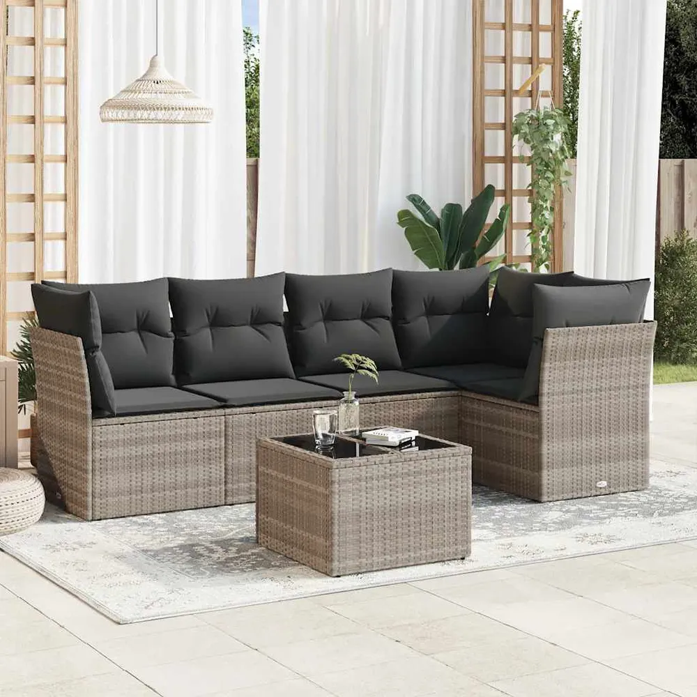 Resistente para Viagem 6 pcs conj. sofás jardim com almofadões vime PE cinzento-claro
