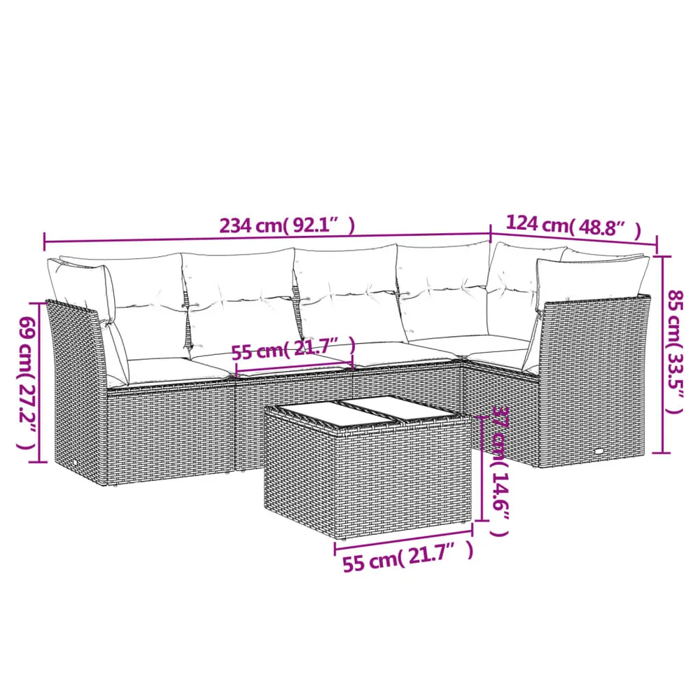 Resistente para Viagem 6 pcs conj. sofás jardim com almofadões vime PE cinzento-claro