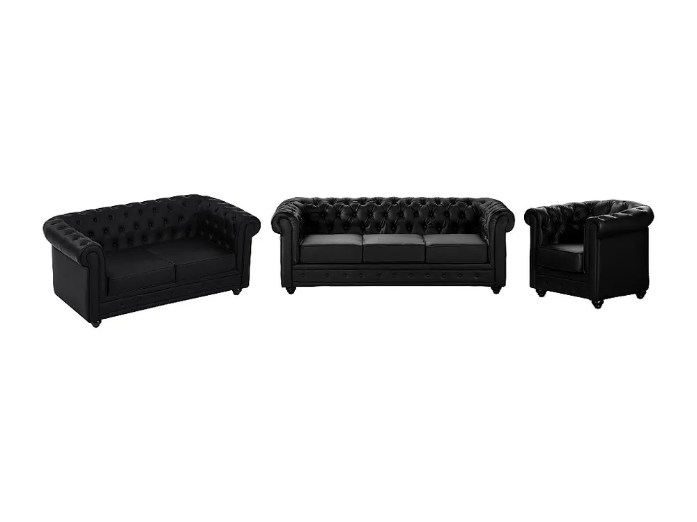 Sofás de 3 lugares, 2 lugares e poltrona em pele sintética preta CHESTERFIELD para Interior de Autocaravana