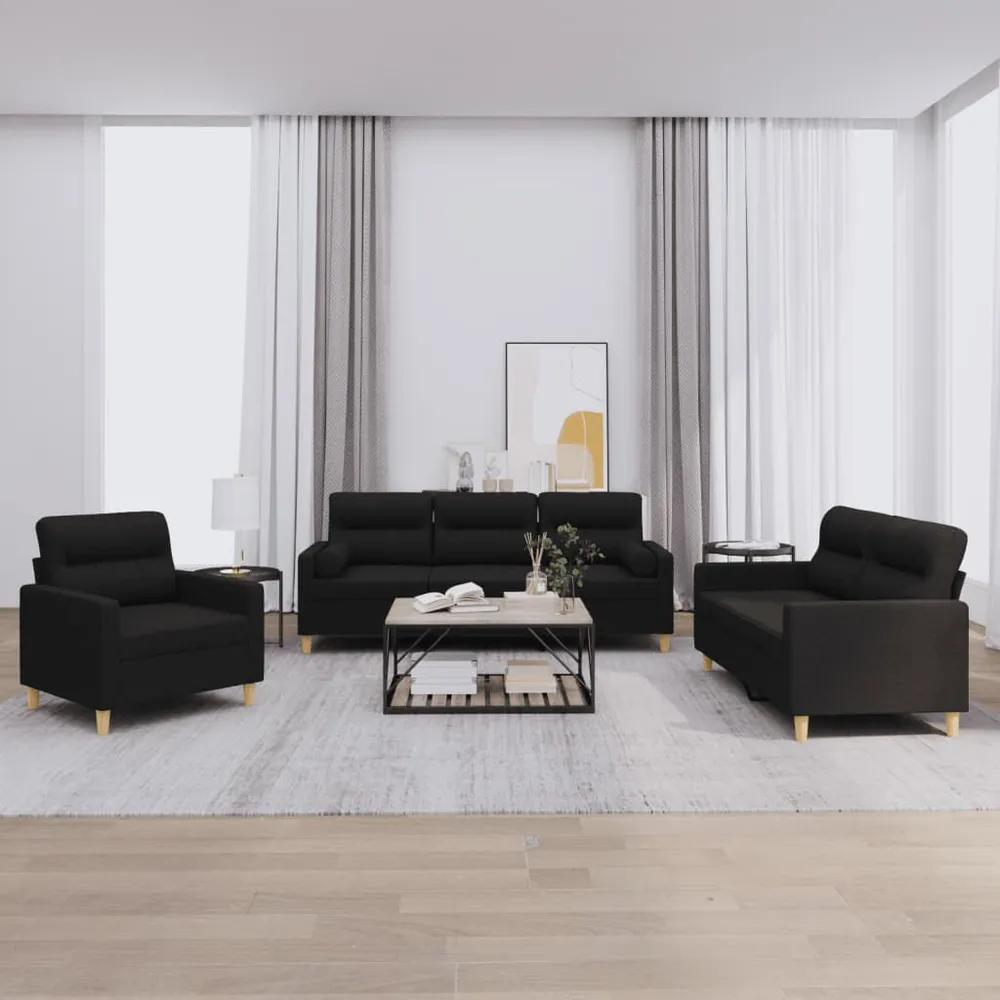 Tapete Antiderrapante 3 pcs conjunto de sofás com almofadas tecido preto