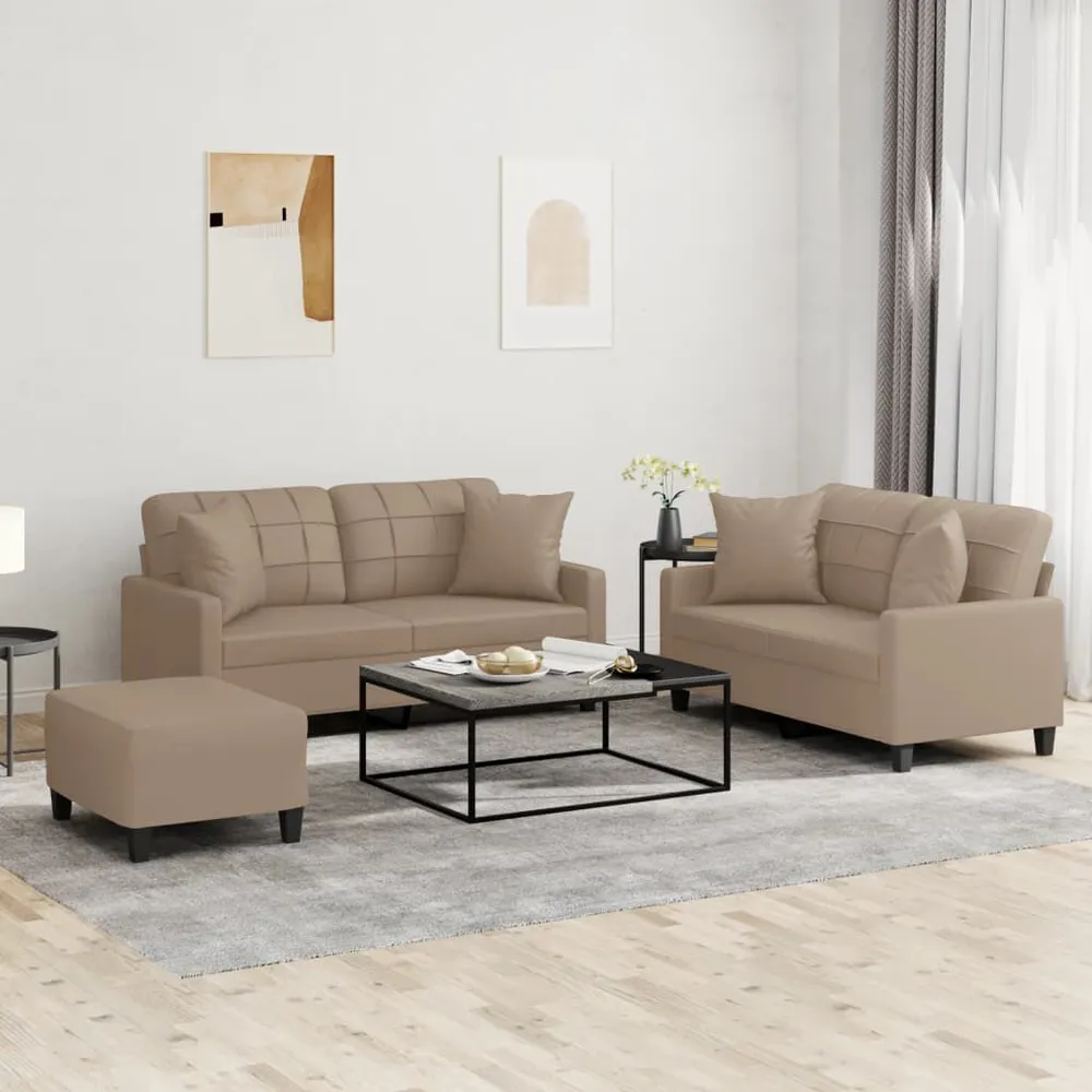 Tapete Antiderrapante 3 pcs conjunto sofás com almofadas couro artificial cappuccino