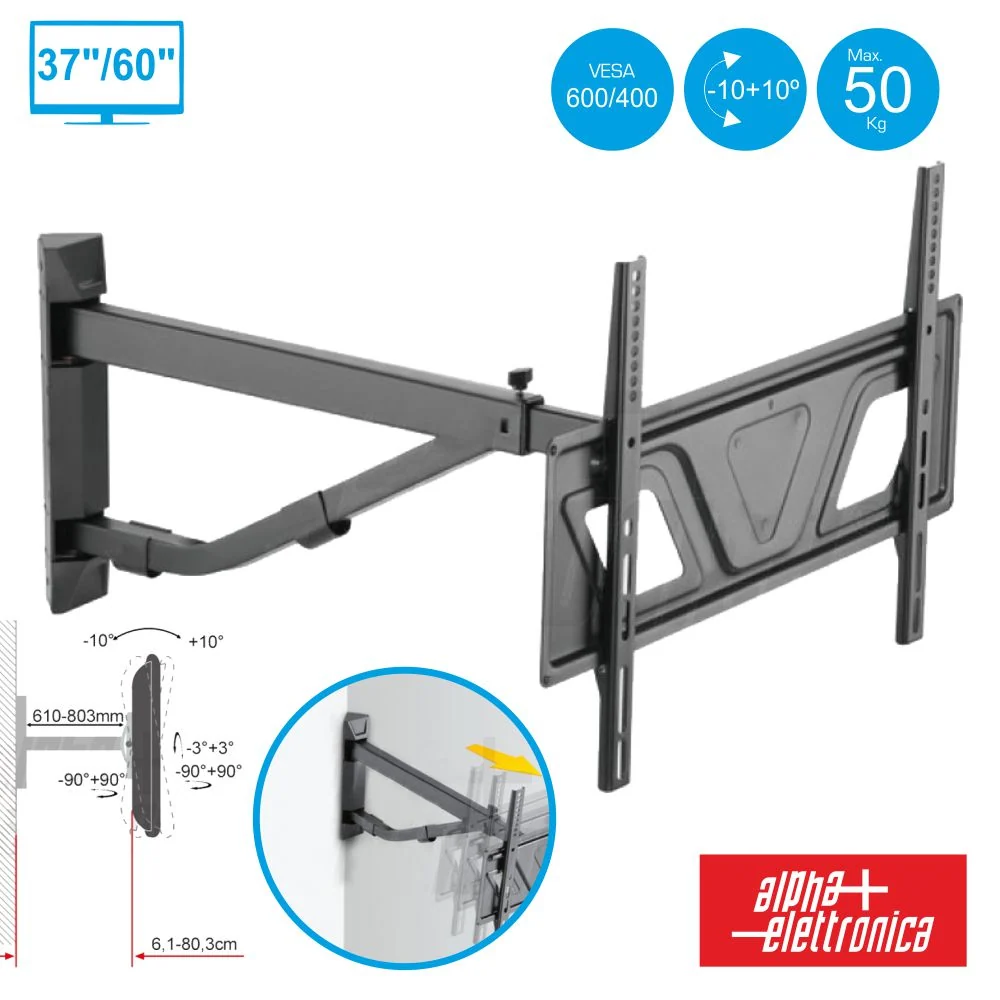Suporte Lcd/Led 37/60" 10º/+10º Vesa 600/400 50Kg P/ Canto com Sistema de Fixação Rápida
