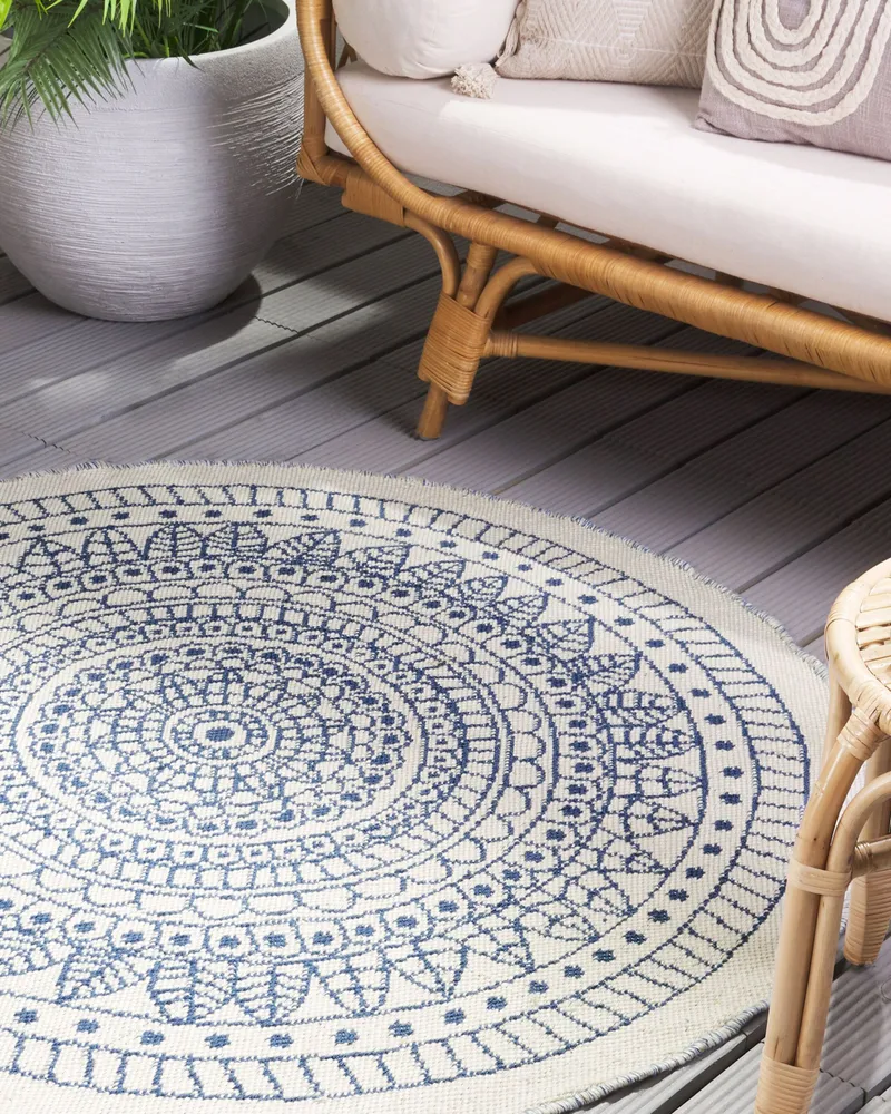 Peç para Acampamento Tapete de área redondo reversível azul e branco ⌀ 140 cm YALAK