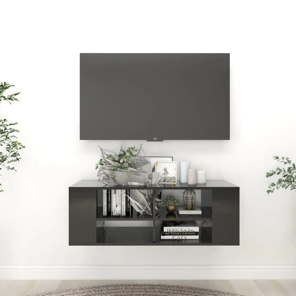 Armário de parede para TV derivados de madeira preto luminoso