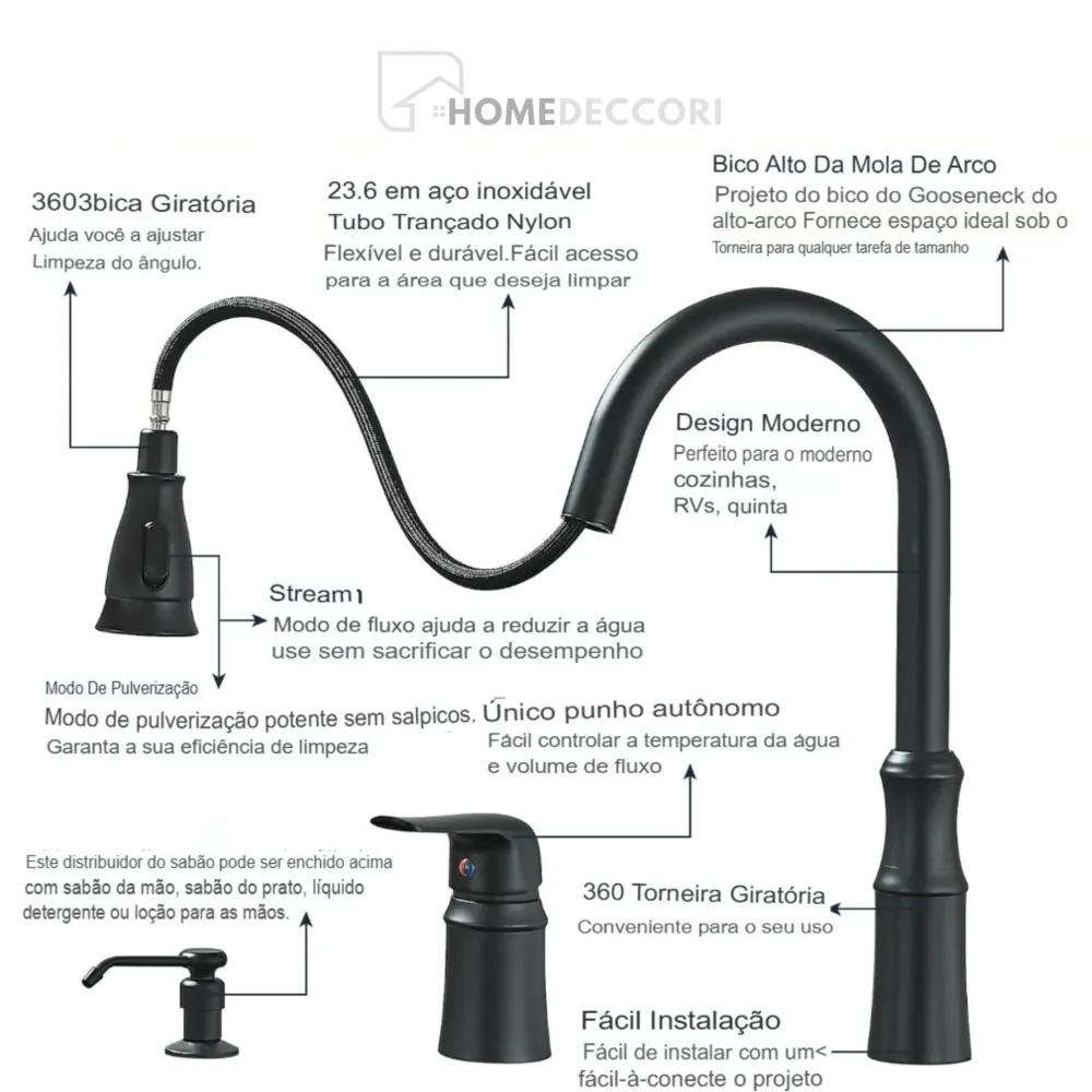 Torneira Gourmet Monocomando Extensível Com Dispenser Flowix