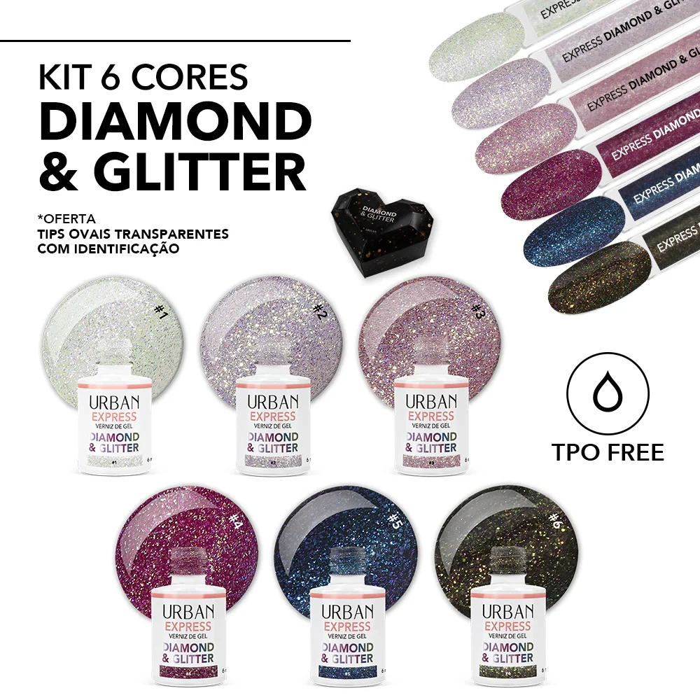 Kit Verniz Gel 6 Cores Express Diamond & Glitter (#1 #6) Aplicação com Pistola